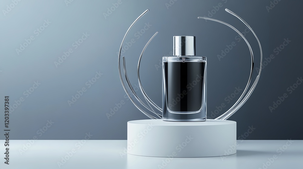 Elegant perfume bottle on a minimalist stand, set against a sleek gray gradient background, showcasing sophistication and luxury. Elegant perfume bottle on a minimalist stand, set against a sleek gray gradient background, showcasing sophistication and luxury.