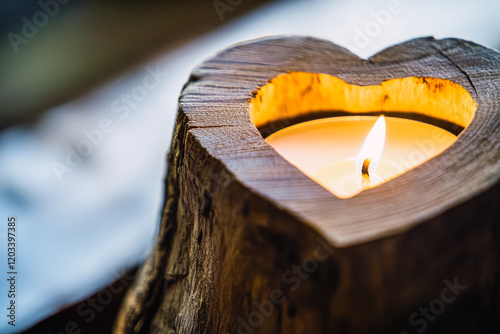 Lit Candle in Wooden Trunk with Heart-Shaped Carving. Al Generated