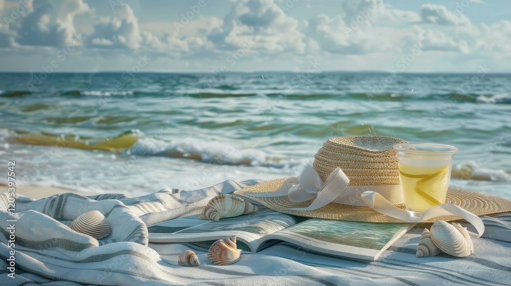 A straw hat with a ribbon, seashells A straw hat with a ribbon, seashells