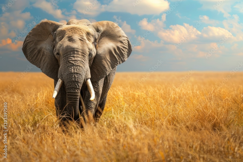 Fototapeta premium Large male elephant with big tusks walking through golden savanna grass under a cloudy sky