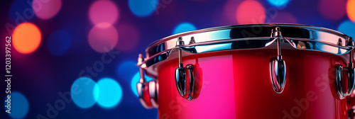 A red drum with chrome details against a vibrant bokeh background. photo