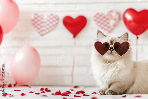 Cat with Heart-Shaped Glasses in Romantic Valentine's Decor. Al Generated