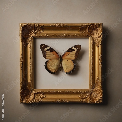 A butterfly framed in a luxurious golden picture frame.