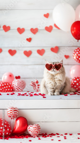 Cat with Heart Glasses Surrounded by Valentine's Day Decor. Al Generated
