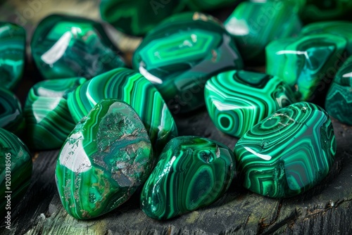 Polished malachite stones showing concentric bands of green and white creating a beautiful natural pattern