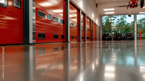 Empty firehouse with shiny floors and red garage doors, reflecting bright lights.