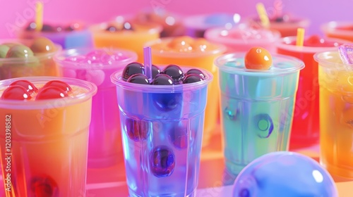 Colorful bubble tea in plastic cups.