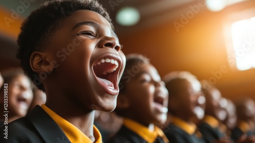 A group of joyful boys in a choir belting out a song, showcasing their enthusiasm and excitement in a vibrant performance setting, beautifully capturing their expressions. photo