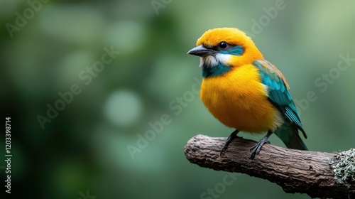 A beautifully vibrant bird with bright yellow and blue feathers is perched gracefully on a branch, showcasing its striking colors against a soft blurred background.