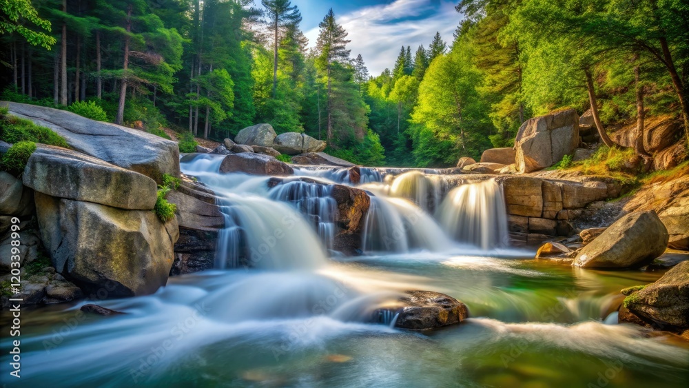 Fototapeta premium New Hampshire's Lower Falls: Swift River's majestic waterfall captured in a long exposure, showcasing breathtaking landscape.