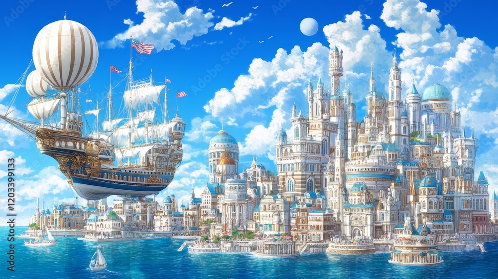 Obraz premium Floating Airship Cityscape Coastal Fantasy Town