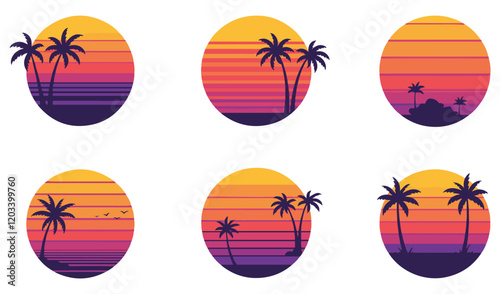Minimalist Vintage Charm and Nostalgic Summer Scenes 80s Vintage Retro Sunset Set vector Summer  Themes Tropical Vibes Classic Palm Tree sunset vector .Beach Sunset Vector Set. Timeless  of the 80s
