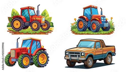 tractors group car on the road, vector, vector illustration of agricultural machine,
