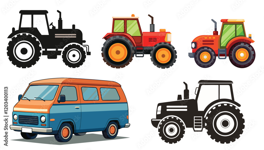 tractor vector group isolated machinery, Farm tractor, white background, tractor vector group isolated machinery, Farm tractor, white background,