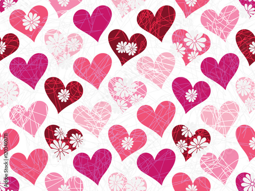 Vector seamless valentines grunge pattern with rose hearts and flowers in doodle style on a transparent background