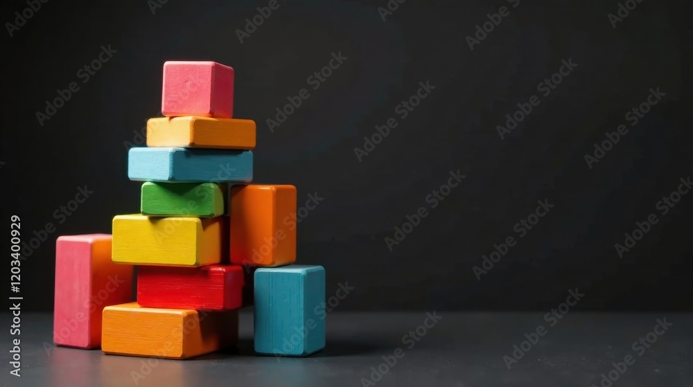 Obraz premium Colorful Wooden Blocks Stacked Against Dark Background, Representing Concepts of Building, Growth, and Development