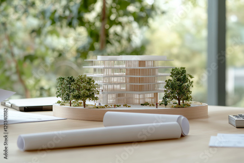 Model of a Modern Sustainable Building with Green Areas in Design Office. Al Generated