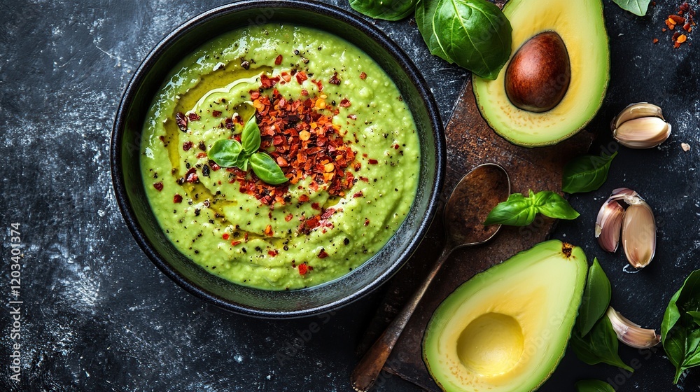 Creamy avocado soup with basil and chili flakes. Creamy avocado soup with basil and chili flakes.