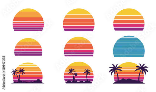 Minimalist Vintage Charm and Nostalgic Summer Scenes 80s Vintage Retro Sunset Set vector Summer  Themes Tropical Vibes Classic Palm Tree sunset vector .Beach Sunset Vector Set. Timeless  of the 80s
