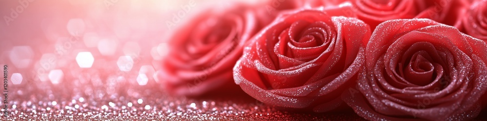 Close-up of red roses with glitter, creating a romantic and sparkling effect. Banner with copy space Close-up of red roses with glitter, creating a romantic and sparkling effect. Banner with copy space