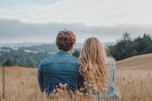 Couple Enjoying the Landscape in an Open Field. Al Generated