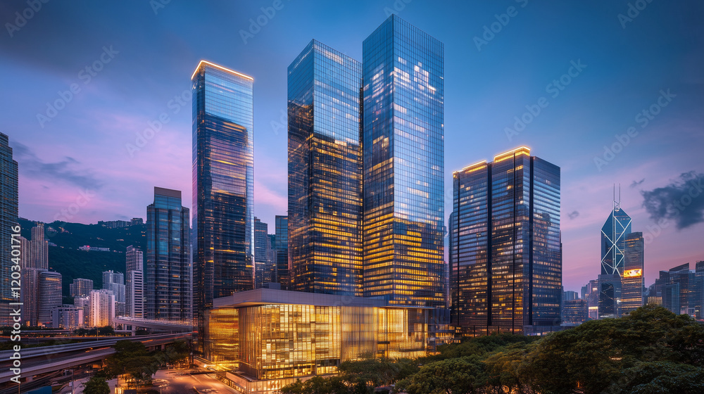 Obraz premium City Skyline at Blue Hour with Modern High-Rise Buildings