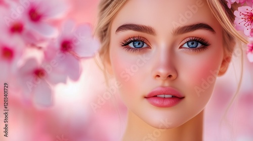 A vibrant portrait of a woman surrounded by pink blossoms, showcasing her bright blue eyes and serene expression.
