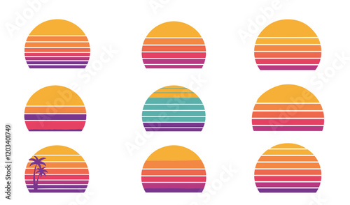 Minimalist Vintage Charm and Nostalgic Summer Scenes 80s Vintage Retro Sunset Set vector Summer  Themes Tropical Vibes Classic Palm Tree sunset vector .Beach Sunset Vector Set. Timeless  of the 80s
