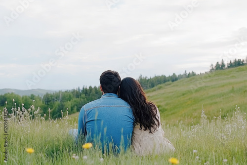 Couple Embracing and Enjoying a Natural Landscape in a Green Field. Al Generated