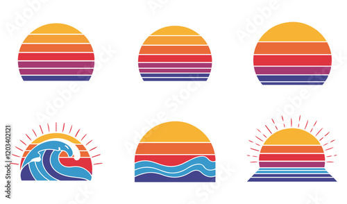 Minimalist Vintage Charm and Nostalgic Summer Scenes 80s Vintage Retro Sunset Set vector Summer  Themes Tropical Vibes Classic Palm Tree sunset vector .Beach Sunset Vector Set. Timeless  of the 80s
