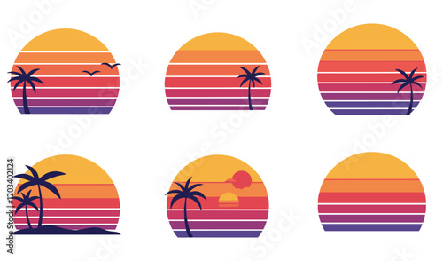 Minimalist Vintage Charm and Nostalgic Summer Scenes 80s Vintage Retro Sunset Set vector Summer  Themes Tropical Vibes Classic Palm Tree sunset vector .Beach Sunset Vector Set. Timeless  of the 80s
