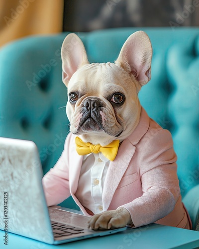 pet influencer celeb, mockup pastel style Stylish dog in suit working on laptop.