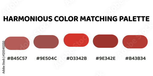 Harmonious color palette with five colors. This palette creates a cohesive and natural look, perfect for nature-inspired designs. Rose, Mahogany, Tomato Red, Brick Red, Terracotta. 27.