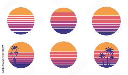 Minimalist Vintage Charm and Nostalgic Summer Scenes 80s Vintage Retro Sunset Set vector Summer  Themes Tropical Vibes Classic Palm Tree sunset vector .Beach Sunset Vector Set. Timeless  of the 80s
