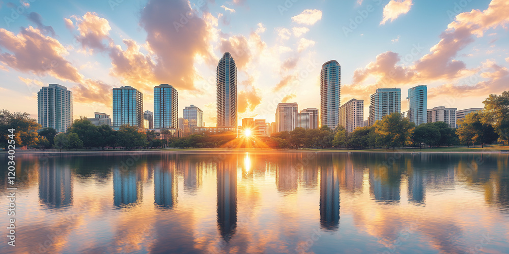 Fototapeta premium City Skyline with Skyscrapers and Sunset Reflection on Water