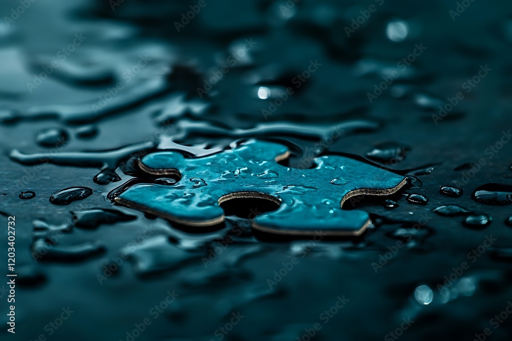 Single wet puzzle piece on dark surface Single wet puzzle piece on dark surface