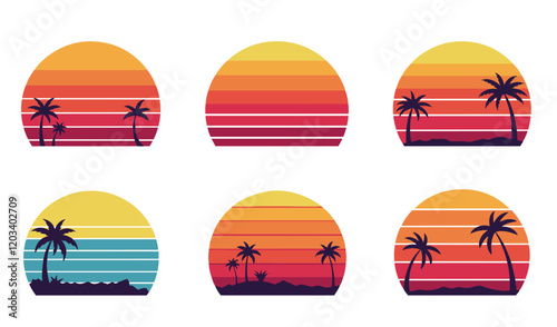 Minimalist Vintage Charm and Nostalgic Summer Scenes 80s Vintage Retro Sunset Set vector Summer  Themes Tropical Vibes Classic Palm Tree sunset vector .Beach Sunset Vector Set. Timeless  of the 80s
