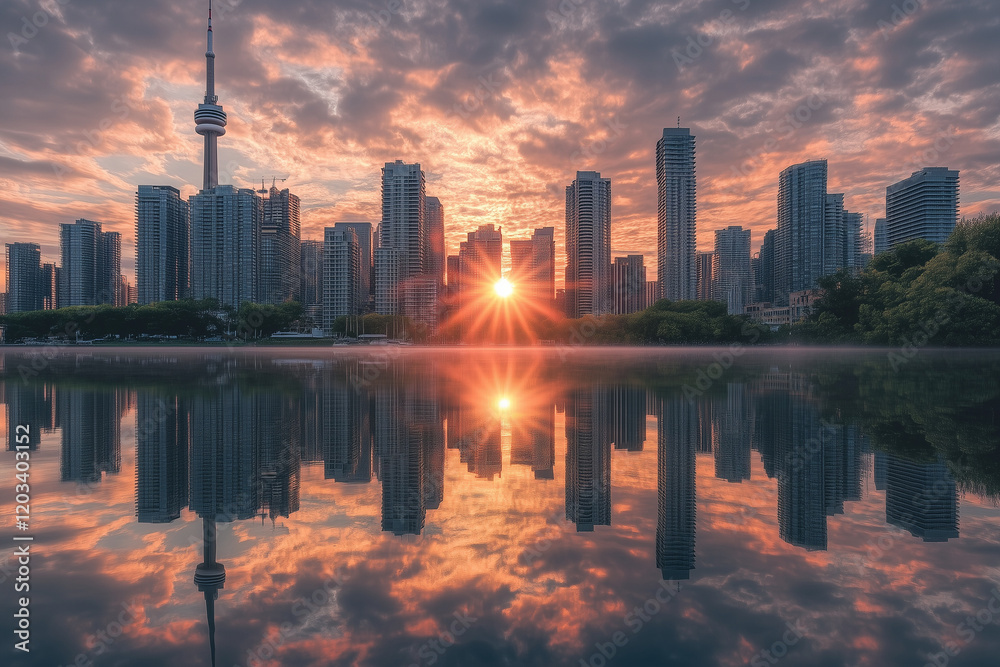 Fototapeta premium City Skyline with Skyscrapers and Sunset Reflection on Water