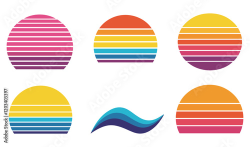 Minimalist Vintage Charm and Nostalgic Summer Scenes 80s Vintage Retro Sunset Set vector Summer  Themes Tropical Vibes Classic Palm Tree sunset vector .Beach Sunset Vector Set. Timeless  of the 80s
