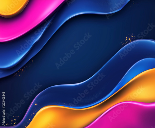 An artistic abstract background with flowing curves in vibrant pink, blue, and yellow hues against a deep navy backdrop. The design features a modern and dynamic composition with smooth gradients, sca photo