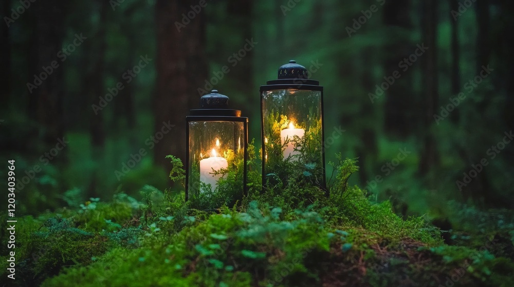 Forest Candles Illuminated Lanterns in Mossy Setting Forest Candles Illuminated Lanterns in Mossy Setting