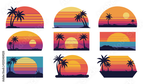 Minimalist Vintage Charm and Nostalgic Summer Scenes 80s Vintage Retro Sunset Set vector Summer  Themes Tropical Vibes Classic Palm Tree sunset vector .Beach Sunset Vector Set. Timeless  of the 80s
