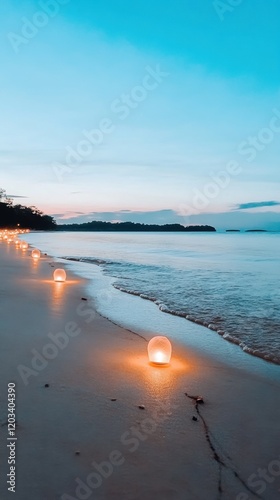 Romantic Beach Scene With Lanterns Illuminating Tranquil Shoreline photo