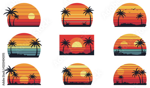 Minimalist Vintage Charm and Nostalgic Summer Scenes 80s Vintage Retro Sunset Set vector Summer  Themes Tropical Vibes Classic Palm Tree sunset vector .Beach Sunset Vector Set. Timeless  of the 80s
