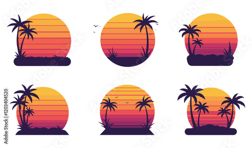 Minimalist Vintage Charm and Nostalgic Summer Scenes 80s Vintage Retro Sunset Set vector Summer  Themes Tropical Vibes Classic Palm Tree sunset vector .Beach Sunset Vector Set. Timeless  of the 80s
