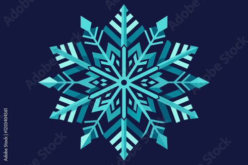 Geometric Snowflake Art: A detailed illustration of a geometrically perfect snowflake, featuring intricate crystalline structures with gradient shades of blue against a dark blue background.