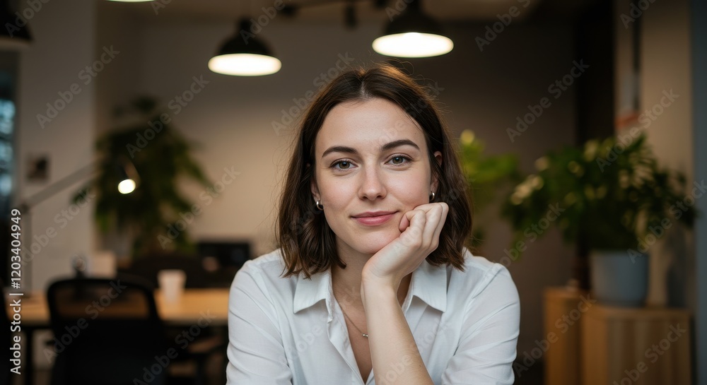 A portrait of a young woman sitting in a modern office, resting her chin on her hand A portrait of a young woman sitting in a modern office, resting her chin on her hand