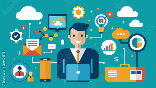 Entrepreneur's Digital World: A conceptual illustration depicting an entrepreneur immersed in a digital ecosystem, with interconnected elements symbolizing various aspects of business operation.