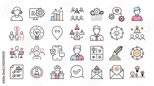Business Icons in Modern Design: A diverse collection of modern business icons designed to communicate different business concepts and strategies.