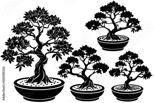 Elegant Bonsai Harmony: A stylized display of bonsai trees in serene black and white, exuding tranquility.